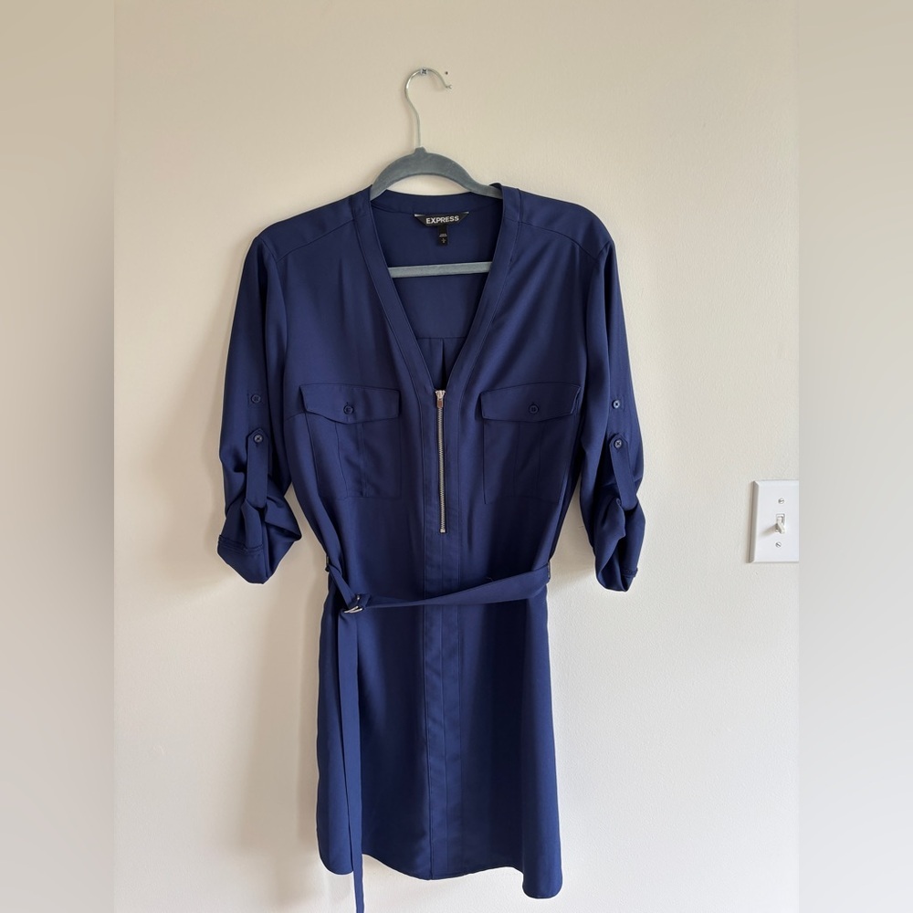 Express Navy Zip-Front Belted Long-Sleeve Shirt Dress with Roll Tabs